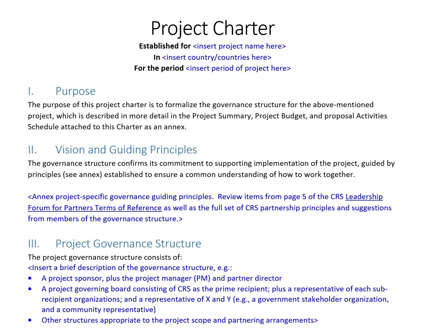 Preview of project charter template